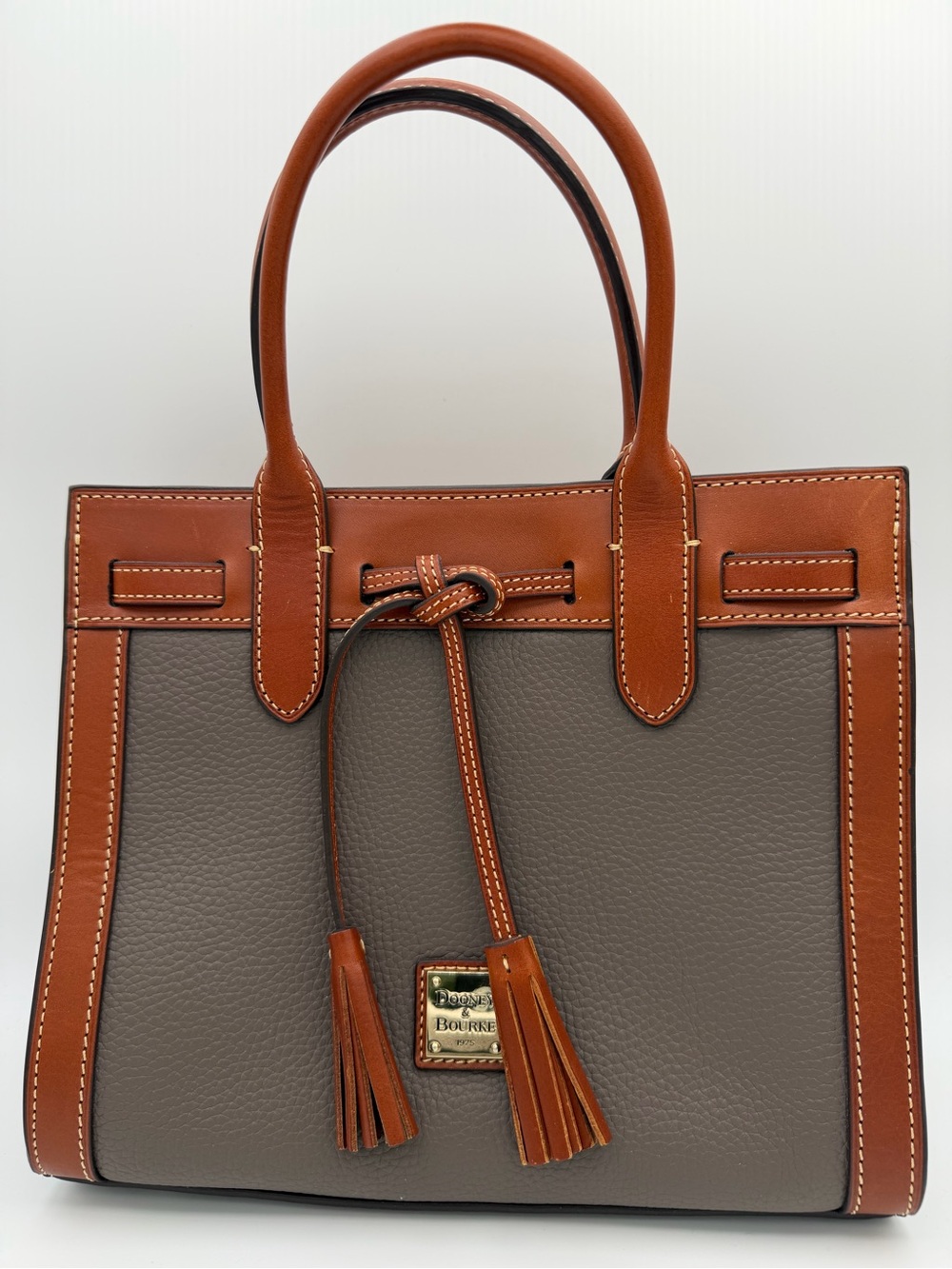 Dooney & Bourke Pebble Grain Taupe Leather Satchel Tote Tassel Bag B15722